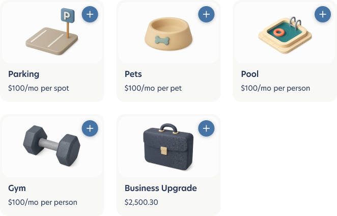 Add-on cards for parking, pets, pool, gym and business upgrade
