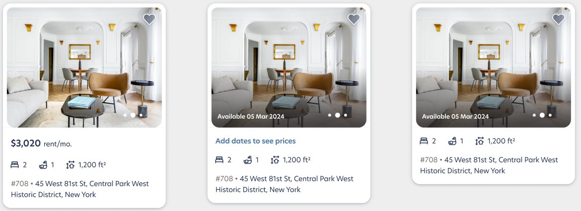Listing card in three states