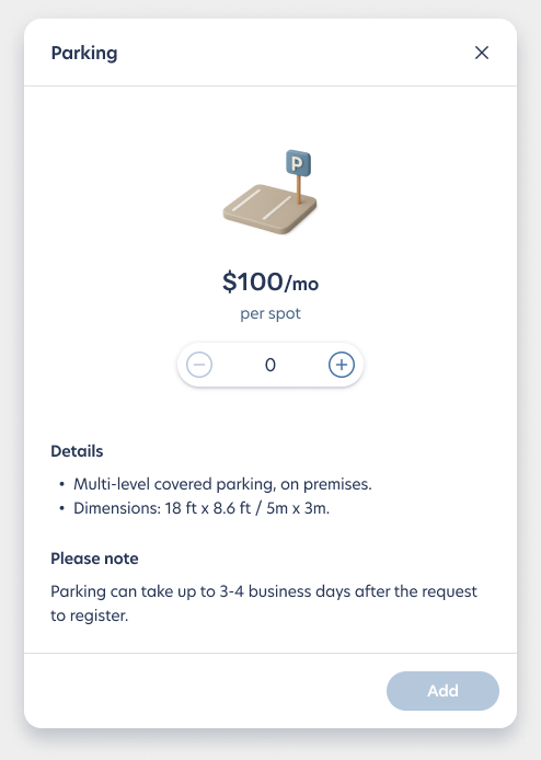 Parking add-on dialog with quantity stepper and details