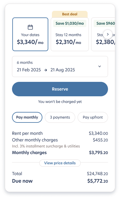 Booking card with pay monthly, 3 payments or upfront