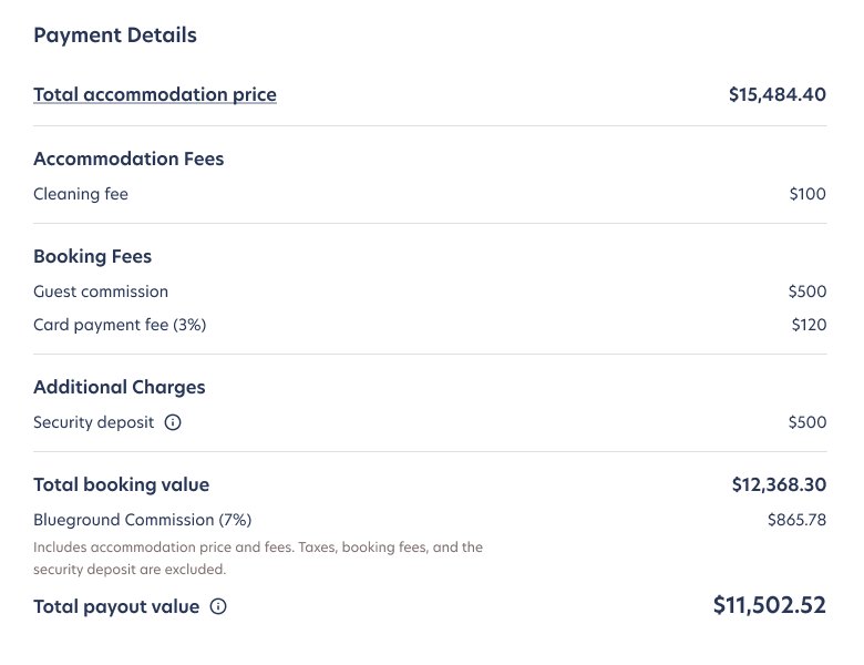 Line-by-line payment breakdown ending in total payout value