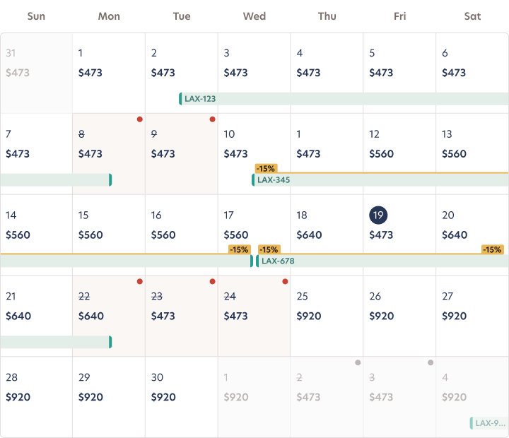 Availability calendar with bookings, rates and discounts inline